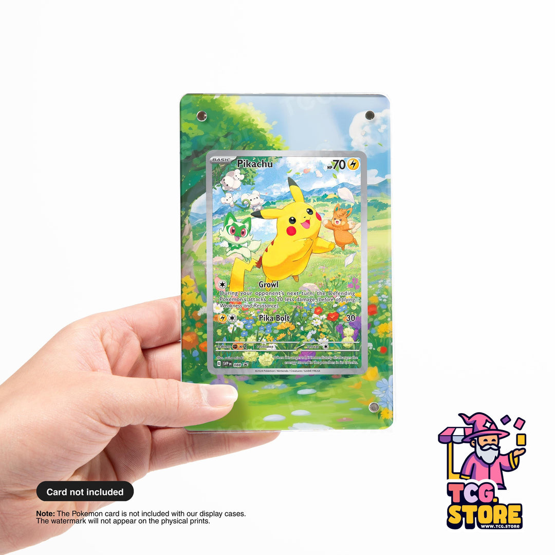A hand holding a Pokémon trading card featuring Pikachu and other Pokémon characters in a colorful, nature-themed background.