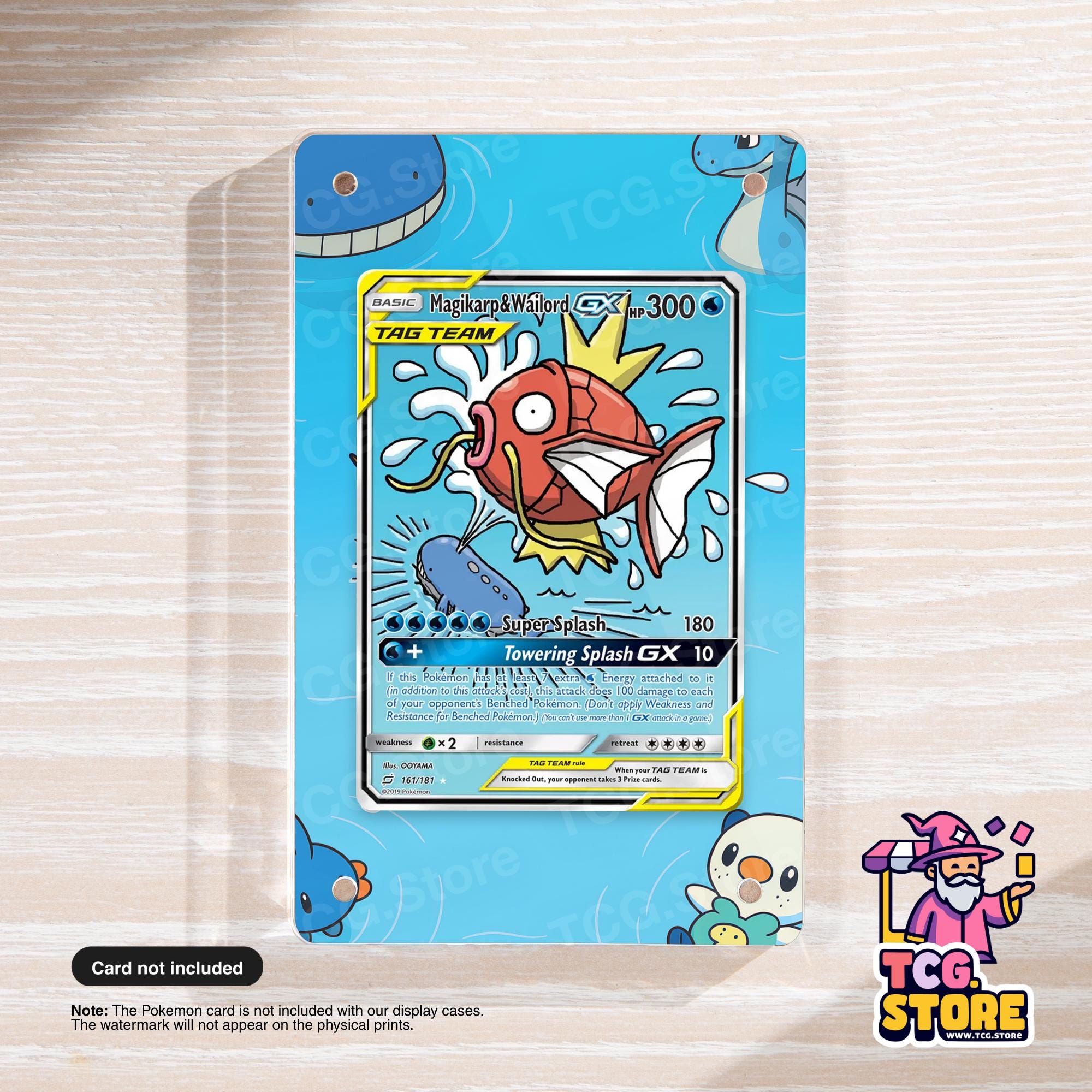 A Pokemon trading card featuring a colorful illustration of a fish-like creature with a large head and a smaller body, surrounded by various other Pokemon characters.