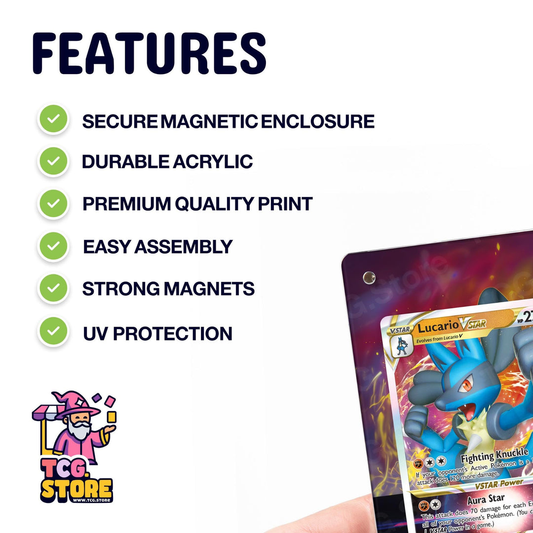 a close-up of a Pokémon card with a hand holding it, along with a list of features for the Pokémon card, such as secure magnetic enclosure, durable acrylic, premium quality print, easy assembly, strong magnets, and UV protection.
