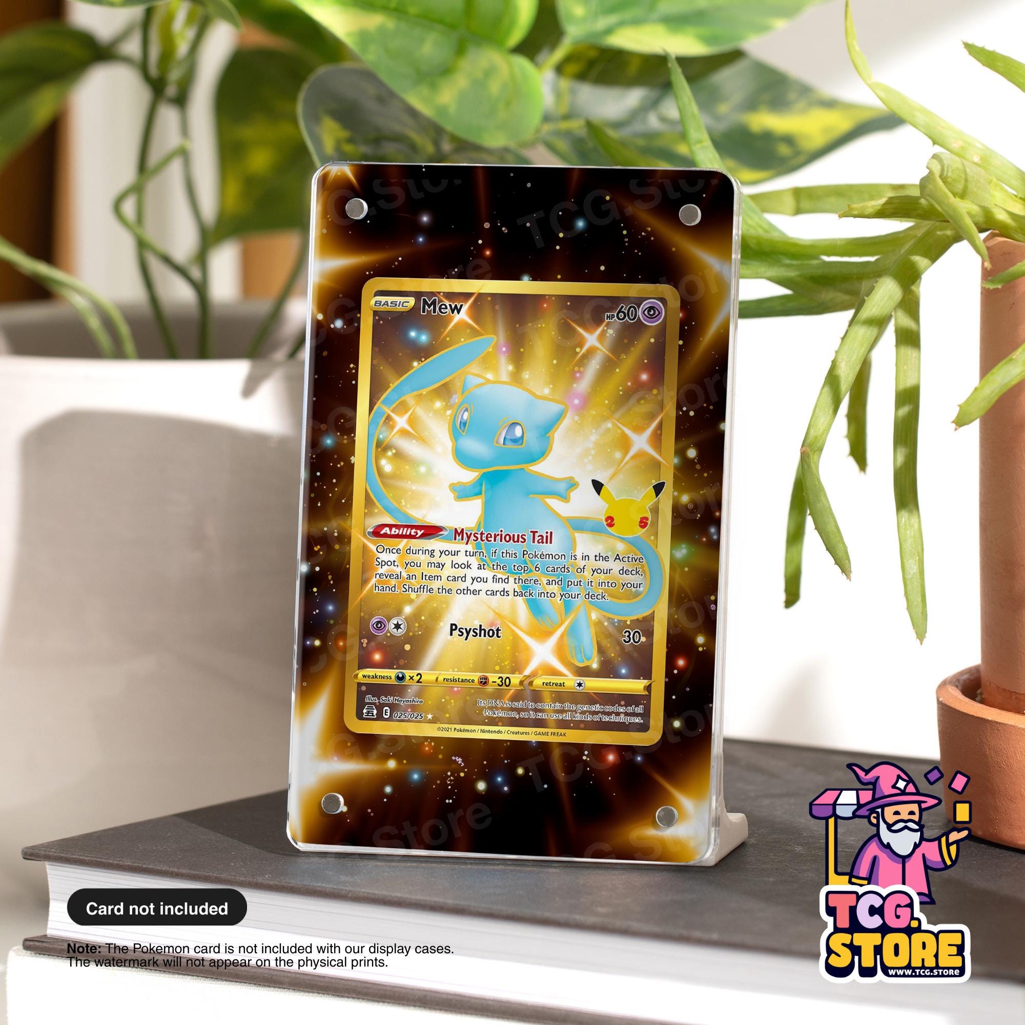 a Pokémon card display case with a Pokémon card prominently displayed. The Pokémon card is a mysterious blue creature with a yellow and black face, and it is the centerpiece of the display case. The Pokémon card is not included with the display cases, and the watermark will appear on the physical prints.