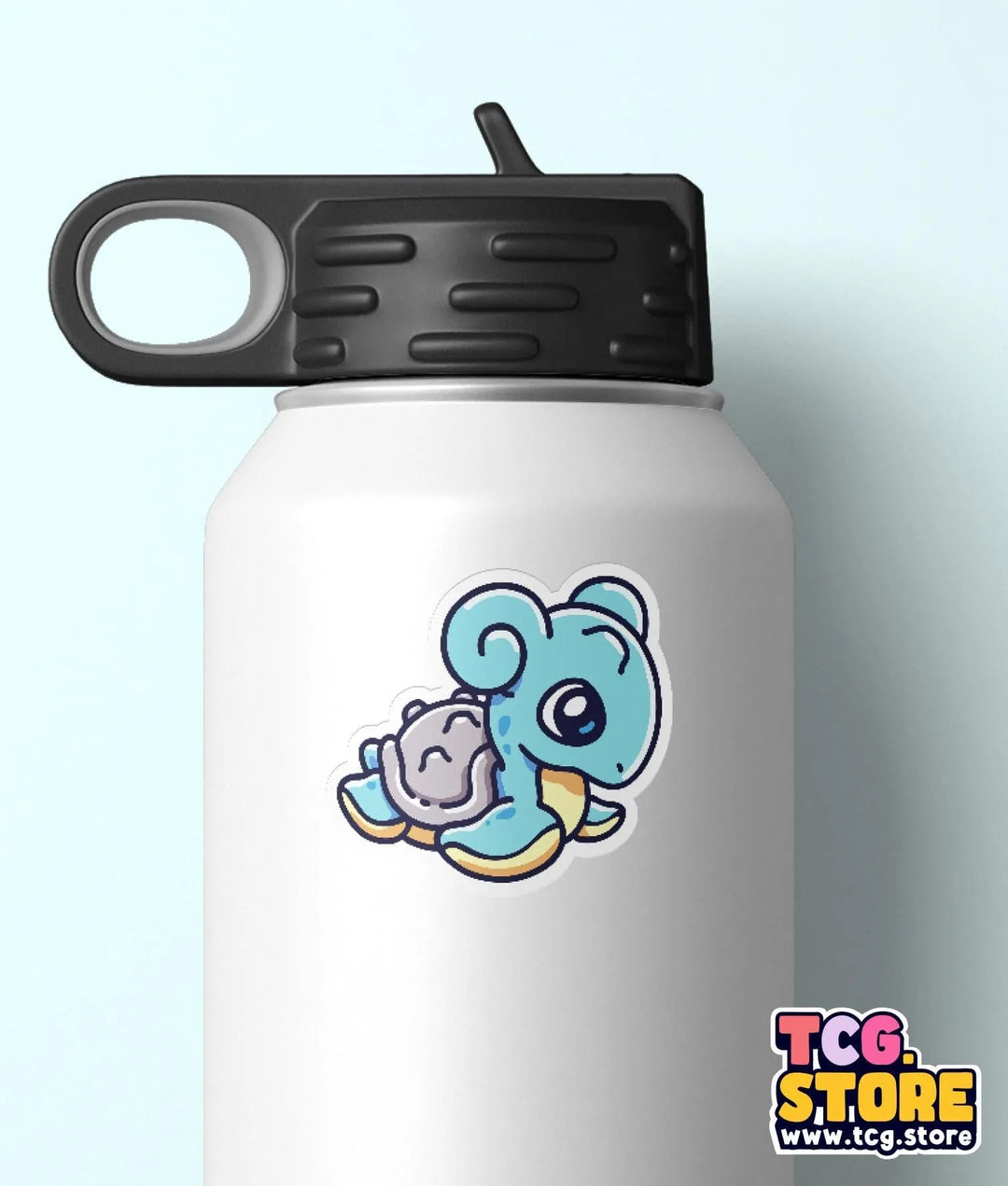 a white water bottle with an elephant sticker on it
