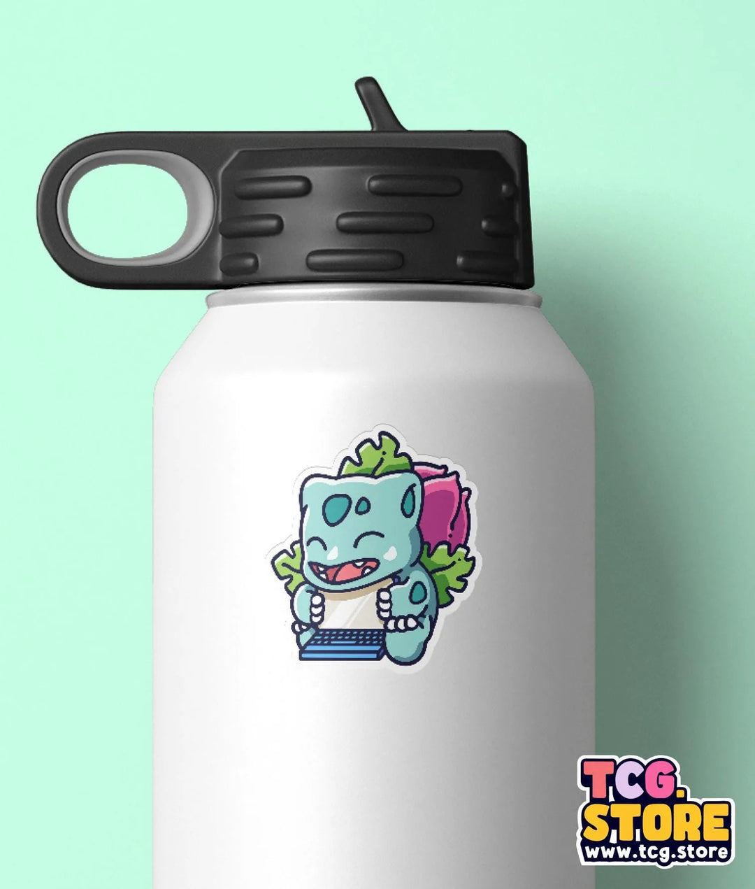 a water bottle with a sticker of an elephant on it
