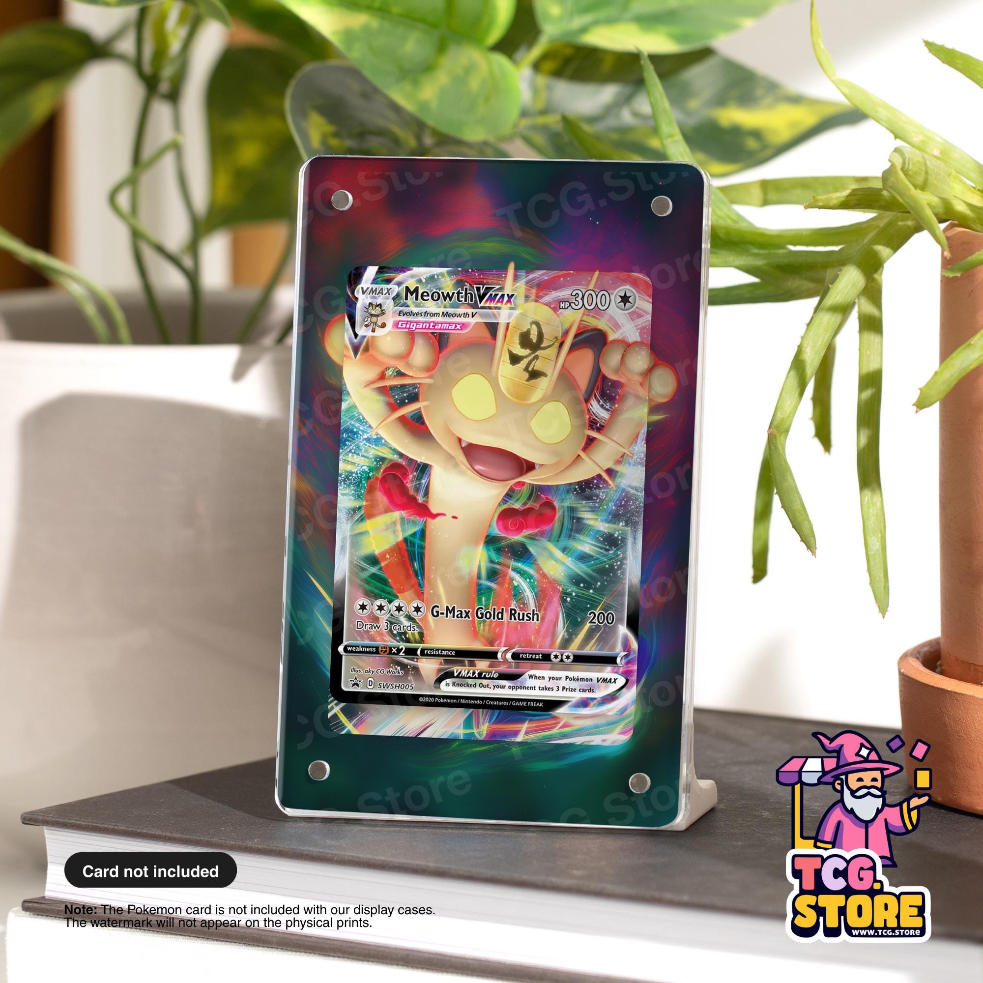A Pokémon trading card featuring a character named Meowvitz, displayed on a stand in front of a plant.