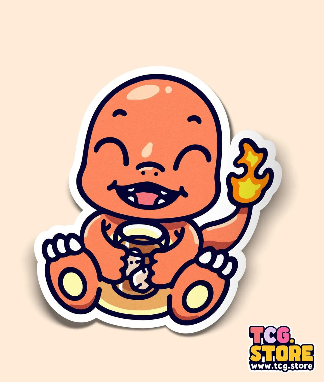 a sticker of a cartoon character holding a cup of coffee