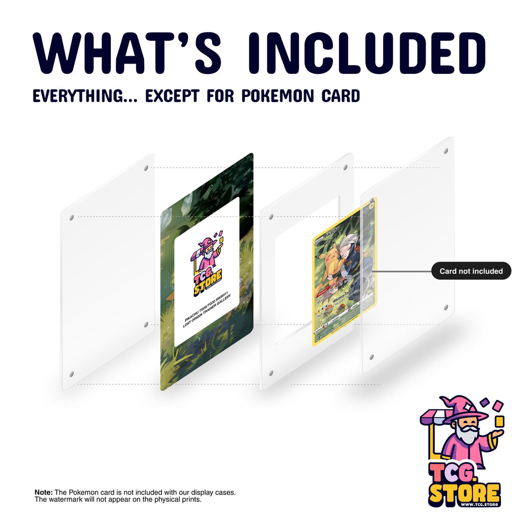 The image is a promotional poster for a Pokémon card, specifically the Pokémon card for the Pokémon game. It includes a clear plastic case with a Pokémon card inside, along with a note that the Pokémon card is not included with the display cases. The Pokémon card is not included with the display cases, and the watermark will not appear on the physical prints.