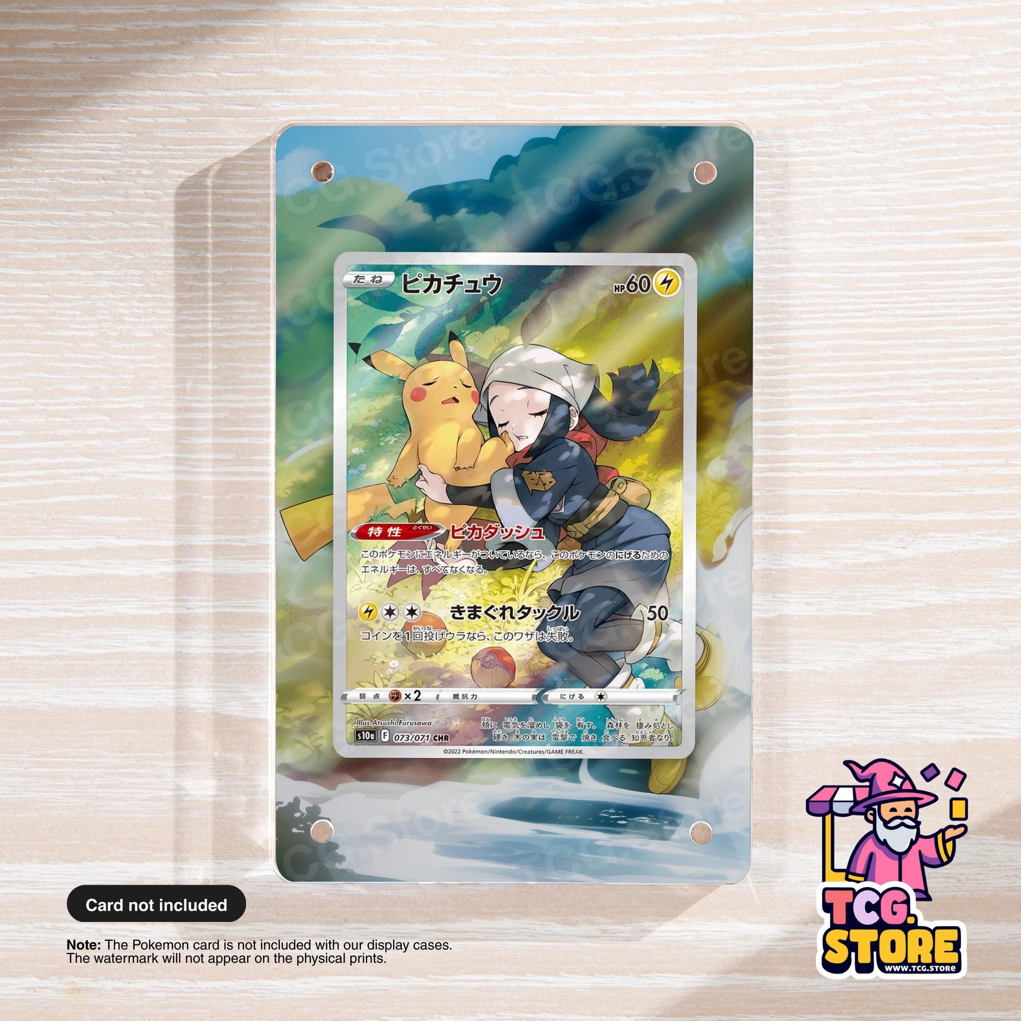 A Pokémon trading card featuring Pikachu and a character in a fighting stance, displayed on a clear plastic case.