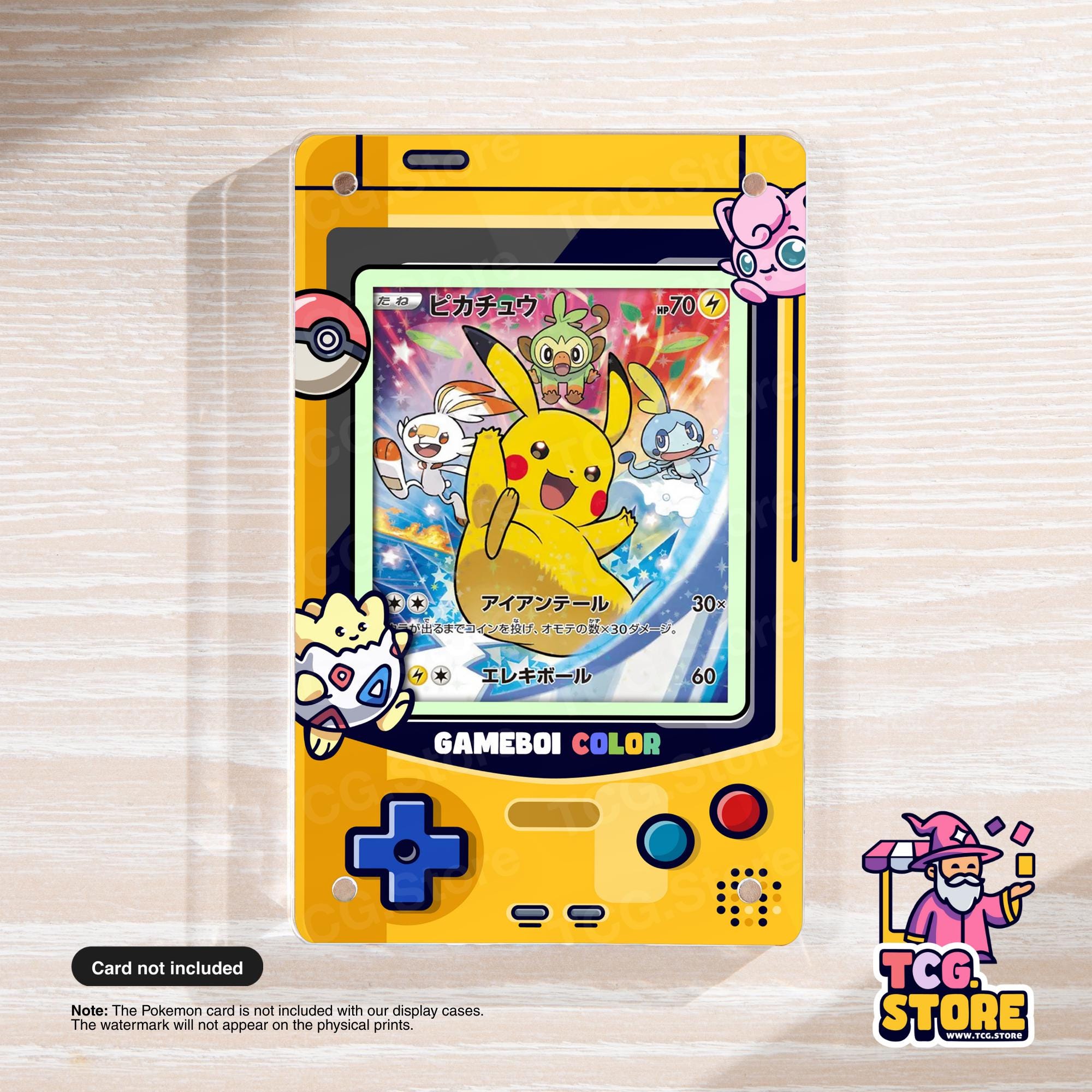 A yellow Gameboy Color with a Pokémon-themed cover, featuring characters like Pikachu, Cat, and other Pokémon.