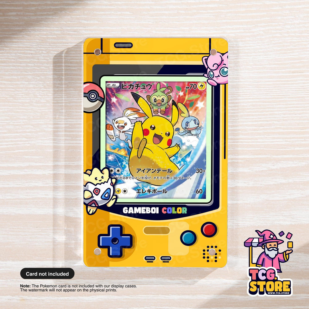 A yellow Gameboy Color with a Pokémon-themed cover, featuring characters like Pikachu, Cat, and other Pokémon.