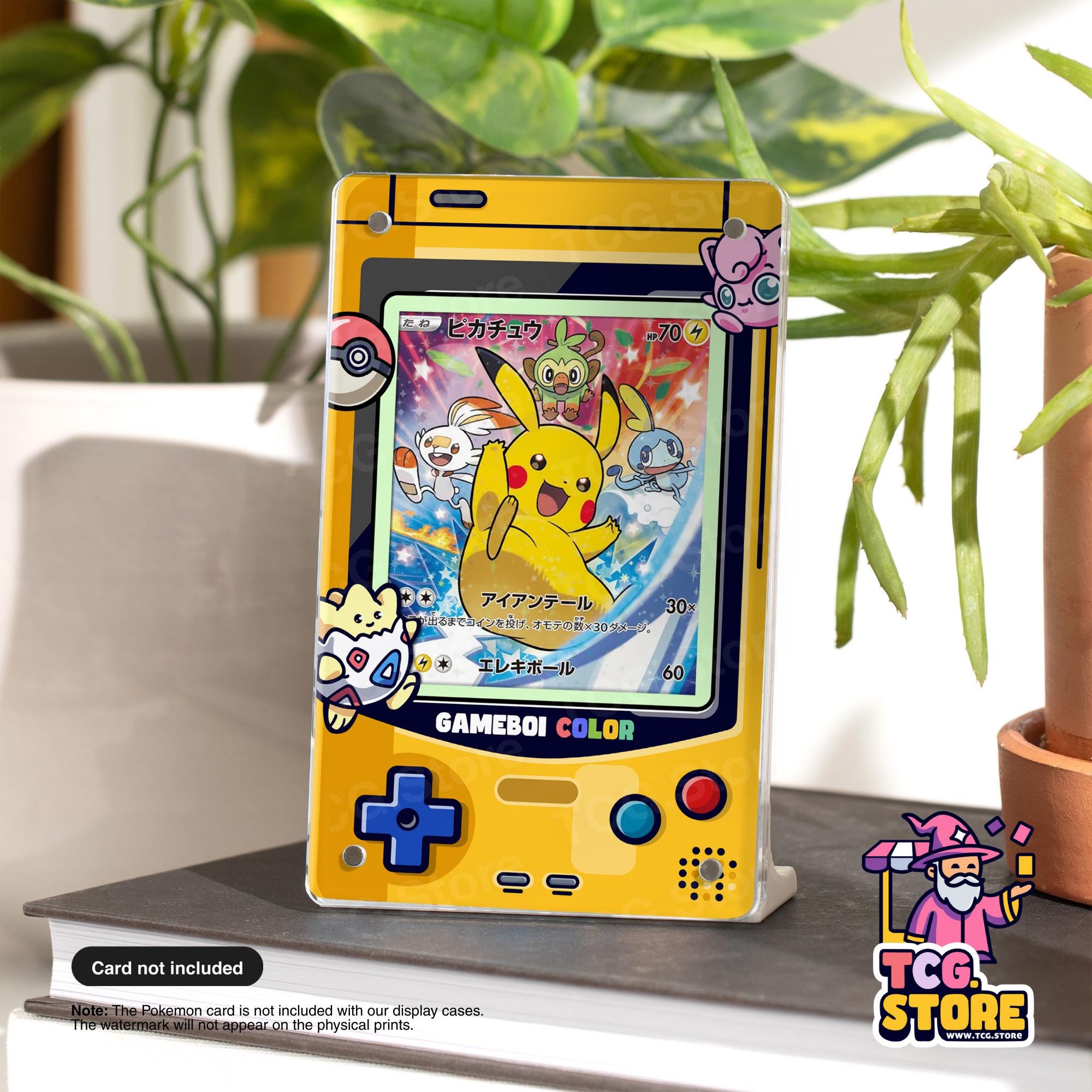 A yellow Gameboy Color case with a Pokémon-themed design, featuring a Pokémon character and various Pokémon elements.